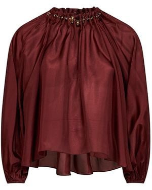 Zimmermann Merlot Silk Habotai Aster Gathered Beaded Blouse