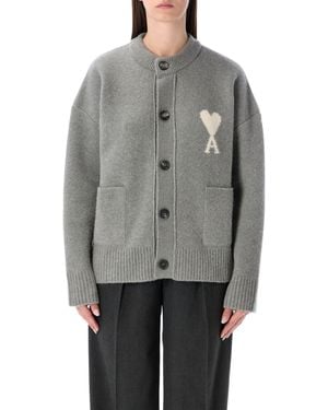 Ami Paris Alpaca Cardigan With De Cœur Logo - Gray