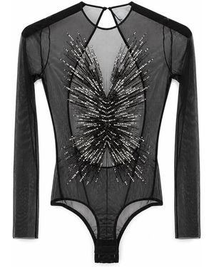Amen Embroidered Long-Sleeved Bodysuit Polyamide Tops - Black