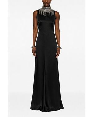 McQueen Satin Maxi Dress With Open Back And Turtleneck Decorated With Crystals And Beads - Black