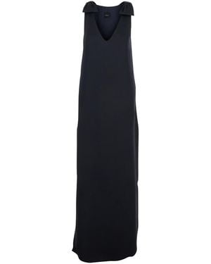Le Plain Long Dark Dress With V-Neck And Side Slits - Blue