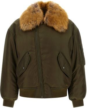 Saint Laurent Removable Shearling Collar Bomber Jacket - Green