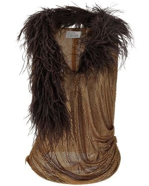GIUSEPPE DI MORABITO Feather-Trimmed Mesh Tank Top - Brown