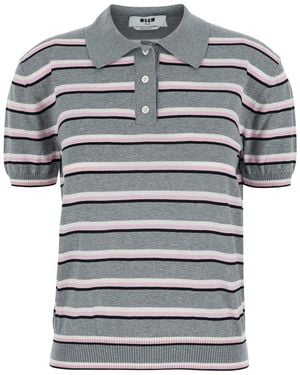 MSGM Polo Shirt With Ribbed Details And All-Over Striped Motif In - Grey