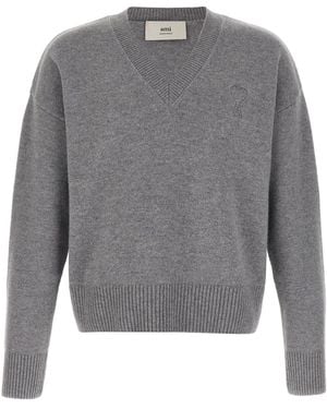 Ami Paris Wool And Cashmere With Puff Logo Patch Sweater - Gray