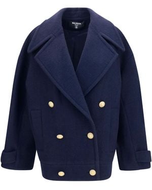 Balmain Double-Breasted Wool Coat With Buttons - Blue
