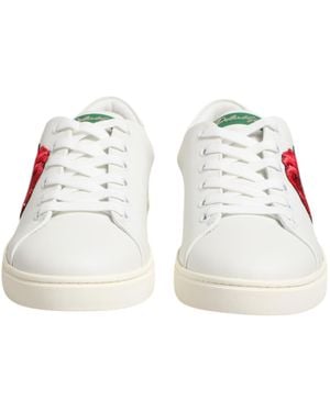 Dolce & Gabbana Leather Rose Embroidery Low-Top Shoes Calf - White