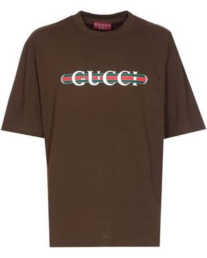 Gucci Web Print T-Shirt - Brown