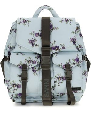 Ganni Re-Tech Nylon Backpack With Floral Pattern Polyester Backpacks - Blue