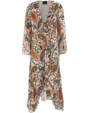 Etro Long Dress With V Neck And All-Over Paisley Motif - Natural