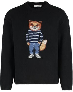 Maison Kitsuné Wool Sweater With Round Neck Sweatshirts - Black