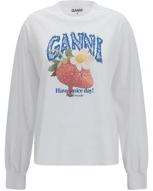 Ganni Strawberry Long-Sleeve Cotton T-Shirt T-Shirts - White