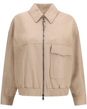 Brunello Cucinelli Glossy Nappa Jacket With Monili Leather - Natural