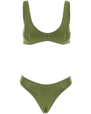 VENUJA High-Cut Bikini With Brazilian Cut Brief And All-Over Sequin Stripe Decoration - Green