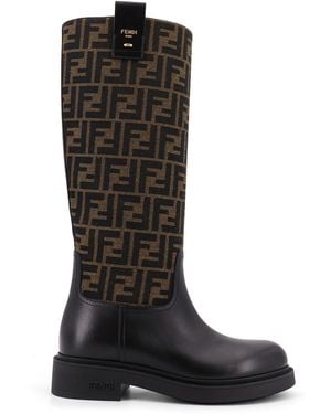 Fendi Filo Leather And Ff Jacquard Fabric Boots - Black