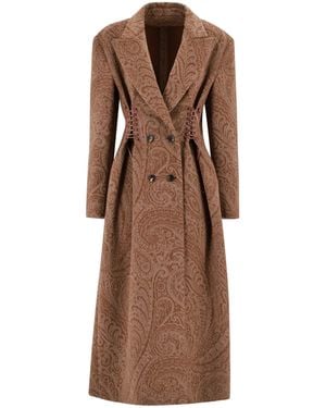 Etro Long Wool Coat With Paisley Pattern - Brown