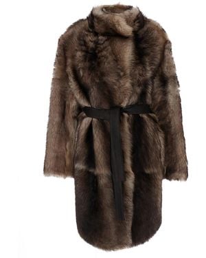 Yves Salomon Shearling Coat With High Neck And Front Belt Closure - Brown