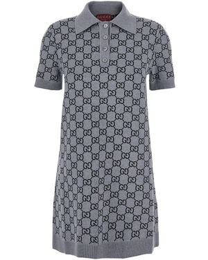 Gucci Dress With Wide Collar And All-Over Gg Motif - Gray