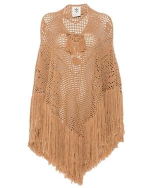 Chiara Is Peonia Fringed-Trim Crochet-Knit Poncho - Brown