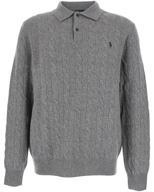 Ralph Lauren Sweater With Polo Shirt Style Collar And Pony Embroidery On The Front - Gray