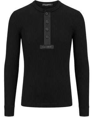 Dolce & Gabbana Ribbed Cotton Jumper With Metal Logo On The Front - Black