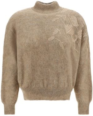 Brunello Cucinelli Warm Wool Mohair Blend Embellished Jumper Clothing - Natural