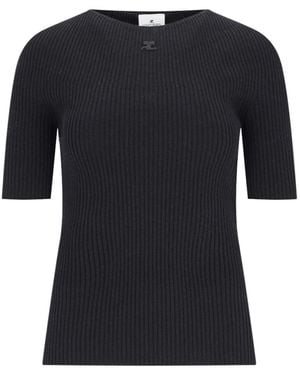 Courreges Cotton & Merino Wool Crewneck Sweater - Black