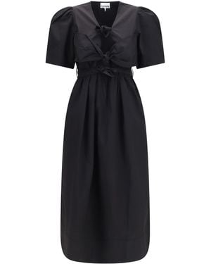 Ganni Midi Dress With Bows And Puff Shoulders Cotton; Elastane - Black
