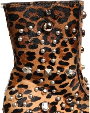 Dolce & Gabbana Leopard Embellished Mid Calf Boots Shoes Leather - Black