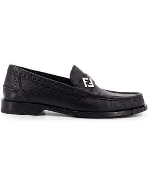 Fendi Ff Metal Leather Loafers - Black