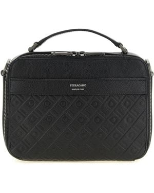 Ferragamo Monogram-Embossed Leather Shoulder Bag - Black
