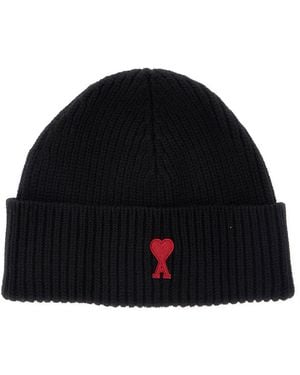 Ami Paris Wool Cap With Brim And Cuff Hat - Black