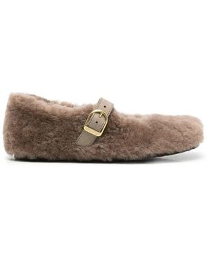 Birkenstock Santa Clarita Shearling-Trim Buckle-Strap Ballet Flats - Brown
