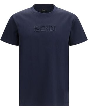 Fendi Cotton T-Shirt With Embroidered Logo - Blue