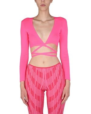 MSGM Cropped Top With Wide V-Neck - Pink