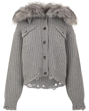 Blumarine Cardigan With Fur Collar, Wool Cardigans - Gray