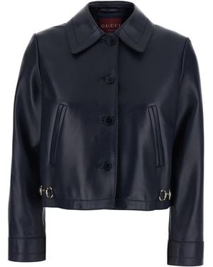 Gucci Leather Jacket Classic Collar Lamb Blazers - Blue