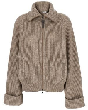 Brunello Cucinelli Cardigan With Turn-Down Collar And Monil On Zipper Cashmere Blend For Jersey - Brown