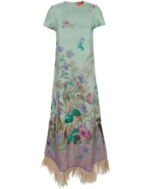 La DoubleJ Swing Midi Dress With Feathered Hem And All-Over Floral Print - Green