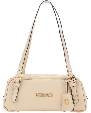 Versace Tag Bowling Shoulder Bag With Metallic Logo Lettering And Medusa Head Pendant - Natural