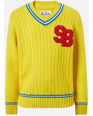 MC2 Saint Barth V-Neck Cable-Knit Jumper Roger Jr With Sb Patch - Yellow