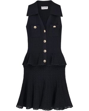 Self-Portrait Perforated Knit Dress With Jewel Buttons - Black