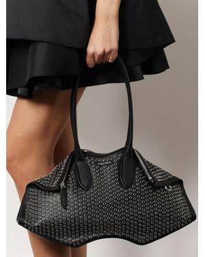McQueen Manta Leather Shoulder Bag With All-Over Metal Details - Black