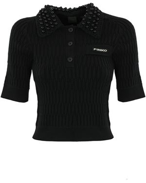 Pinko Egyptian Cropped Polo Shirt With Pearls - Black