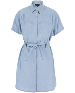 A.P.C. 'Suzanne' Light Dress With Patch Pockets On The Chest And Waist Belt - Blue