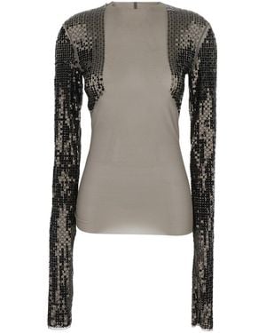 Rick Owens 'Dennis' Cropped T-Shirt With Long Sequin Sleeves - Grey