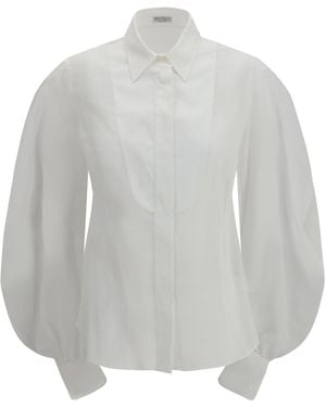 Brunello Cucinelli Lantern Sleeve Blouse Cotton Shirt - Grey
