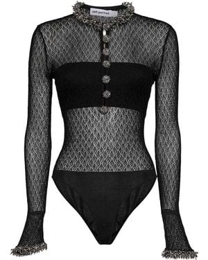 Self-Portrait Pointelle Knit Embellished Bodysuit - Black