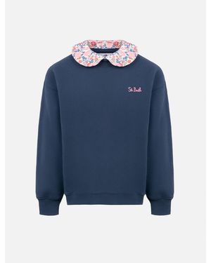MC2 Saint Barth Girl Crewneck Sweatshirt Coleen With A Floral Collar - Blue