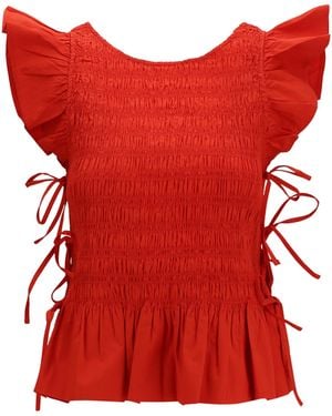 Ganni Ruched Cotton Top With Side Bows Cotton; Elastane - Red
